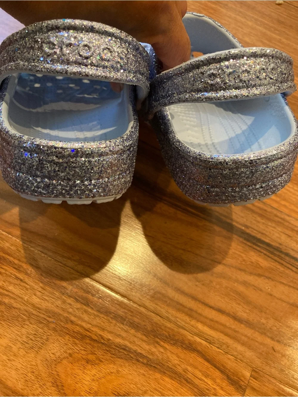 Crocs youth girls SZ J1 sparkly purple clogs with backstrap.